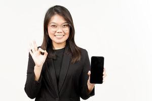 Showing Apps or Ads On Blank Screen Smartphone Of Beautiful Asian Woman Wearing Black Blazer photo