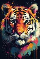 Growling leopard. Abstract, multicolored portrait of a snarling neon leopard on a background. can be used for t-shirt graphics, print. Vector illustration. . photo
