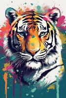 Growling leopard. Abstract, multicolored portrait of a snarling neon leopard on a background. can be used for t-shirt graphics, print. Vector illustration. . photo