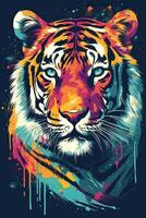 Growling leopard. Abstract, multicolored portrait of a snarling neon leopard on a background. can be used for t-shirt graphics, print. Vector illustration. . photo