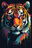 Growling leopard. Abstract, multicolored portrait of a snarling neon leopard on a background. can be used for t-shirt graphics, print. Vector illustration. . photo
