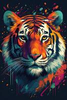 Growling leopard. Abstract, multicolored portrait of a snarling neon leopard on a background. can be used for t-shirt graphics, print. Vector illustration. . photo