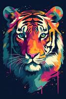 Growling leopard. Abstract, multicolored portrait of a snarling neon leopard on a background. can be used for t-shirt graphics, print. Vector illustration. . photo
