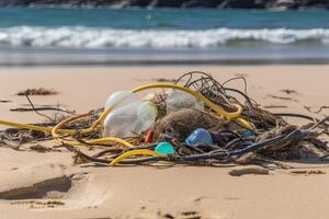 Spilled garbage on the beach of the big city. Empty used dirty plastic bottles. Dirty sea sandy shore the Black Sea. Environmental pollution. Ecological problem. . photo