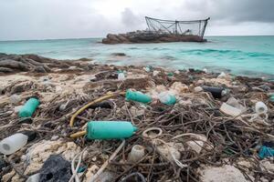 derramado basura en el playa de el grande ciudad. vacío usado sucio el plastico botellas sucio mar arenoso apuntalar el negro mar. ambiental contaminación. ecológico problema. generativo ai. foto