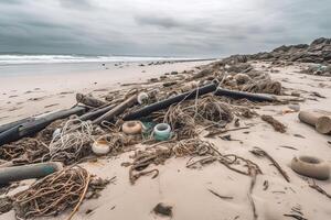 derramado basura en el playa de el grande ciudad. vacío usado sucio el plastico botellas sucio mar arenoso apuntalar el negro mar. ambiental contaminación. ecológico problema. generativo ai. foto