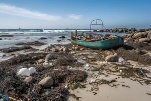 derramado basura en el playa de el grande ciudad. vacío usado sucio el plastico botellas sucio mar arenoso apuntalar el negro mar. ambiental contaminación. ecológico problema. generativo ai. foto