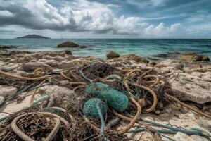 derramado basura en el playa de el grande ciudad. vacío usado sucio el plastico botellas sucio mar arenoso apuntalar el negro mar. ambiental contaminación. ecológico problema. generativo ai. foto