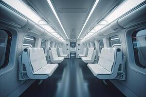futurista tren interior dentro vista. futurista tren interior con vacío asientos. generativo ai. foto