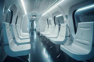 Futuristic Train interior inside view. Futuristic train interior with empty seats. . photo