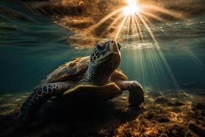 Beautiful Underwater Postcard. Maldivian Sea Turtle Floating Up And Over Coral reef. Loggerhead in wild nature habitat. . photo