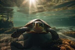 Beautiful Underwater Postcard. Maldivian Sea Turtle Floating Up And Over Coral reef. Loggerhead in wild nature habitat. . photo