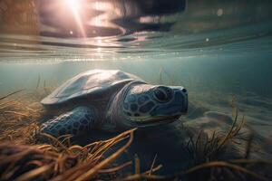 Beautiful Underwater Postcard. Maldivian Sea Turtle Floating Up And Over Coral reef. Loggerhead in wild nature habitat. . photo