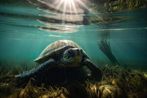 Beautiful Underwater Postcard. Maldivian Sea Turtle Floating Up And Over Coral reef. Loggerhead in wild nature habitat. . photo