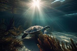 Beautiful Underwater Postcard. Maldivian Sea Turtle Floating Up And Over Coral reef. Loggerhead in wild nature habitat. . photo