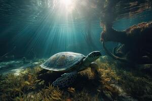 Beautiful Underwater Postcard. Maldivian Sea Turtle Floating Up And Over Coral reef. Loggerhead in wild nature habitat. . photo