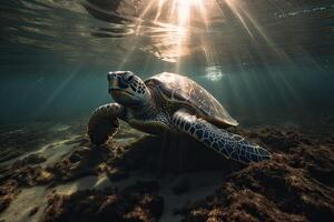 Beautiful Underwater Postcard. Maldivian Sea Turtle Floating Up And Over Coral reef. Loggerhead in wild nature habitat. . photo
