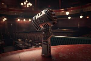 Microphone On The Theater Stage Before The Concert With Empty Seats And Blurred Lights. . photo