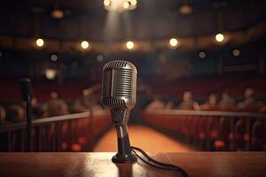 Microphone On The Theater Stage Before The Concert With Empty Seats And Blurred Lights. . photo