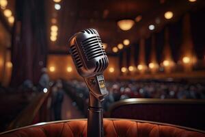 Microphone On The Theater Stage Before The Concert With Empty Seats And Blurred Lights. . photo