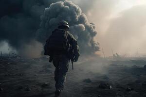 Lone soldier walking on the battlefield. Illustration of a military man walking on an empty destroyed environment. Destruction, war scene. Smoke and fog. Sad combat feeling. . photo