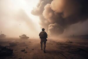 Lone soldier walking on the battlefield. Illustration of a military man walking on an empty destroyed environment. Destruction, war scene. Smoke and fog. Sad combat feeling. Generative Ai. photo