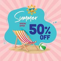 Summer Sale offer unit template with summer elements beach ball wooden deck chair on sand with sun vector