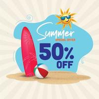 Summer Sale offer unit template with summer elements beach ball and skating board on sand with sun vector