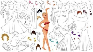 Ballroom Dancing Coloring Page Paper Doll with Female Figure, Outfits, Hairstyles and Accessories. Vector Illustration