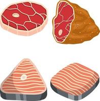 Piece of red salmon fish meat with pink stripe. Food for Cooking sushi. Set of Raw Seafood. Cut off part. Slices with grey skin. Kitchen and meal element. Cartoon illustration. Steak and barbecue vector