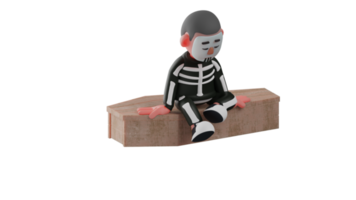 3D illustration. Sad Skeleton 3D cartoon character. A tired skeleton was sitting atop a closed coffin. Skeleton sat with his head down looking very pitiful. 3D cartoon character png