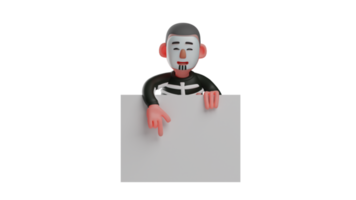 3D illustration. Clever Skeleton 3D cartoon character. Skeleton standing behind a large white board. Skeleton smiled while showing the board he was holding. 3D cartoon character png