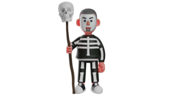 3d Illustration. Skelett Führer 3d Karikatur Charakter. Skelett Stehen Gerade halten Stock mit Schädel Kopf auf Es. Skelett sah nach vorne mit ein schrecklich Ausdruck. 3d Karikatur Charakter png