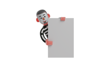 3D illustration. Cheerful Skeleton 3D cartoon character. Skeleton smiling sweetly standing behind the white board. Skeleton is playing hide and seek with his friends. 3D cartoon character png