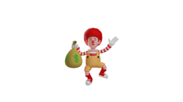 3D illustration. Rich clown 3D cartoon character. The clown carries a sack full of money. Happy clown brings his hard earned money. Clown smiles sweetly. 3D cartoon character png