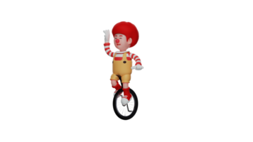 3D illustration. Happy Clown 3D cartoon character. Clown riding one wheel. Clown entertains at a party happily. The clown smiled while waving his hand. 3D cartoon character png