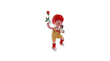 3d illustratie. romantisch clown 3d tekenfilm karakter. clown is genieten van de feest. clown Holding een rood roos en een glas van wijn Bij een feest. 3d tekenfilm karakter png