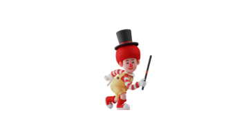 3D illustration. Funny clown 3D cartoon character. Smiling clown in a bowed pose. Clown wearing magic hat and holding magic wand. Clown is performing at birthday parties. 3D cartoon character png