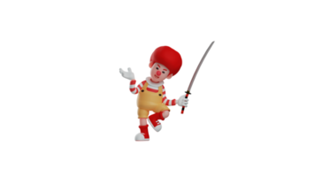 3d Illustration. Clown 3d Karikatur Charakter. Clown unterhaltsam beim Geburtstag Party. das Clown angehoben einer Bein. das bezaubernd Clown trägt ein lange Schwert wie Requisiten. 3d Karikatur Charakter png