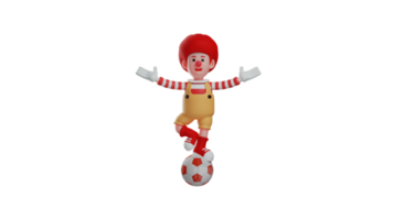 3d illustrazione. allegro clown 3d cartone animato carattere. il clown è divertente il pubblico. il clown esegue un attrazione di in piedi su il palla e diffusione il suo braccia. 3d cartone animato personaggio png