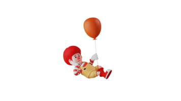 3D illustration. Relaxed Clown 3D cartoon character. Clown in a pose lying on his side and placing one hand on his chin. Clown lying down holding one orange balloon. 3D cartoon character png