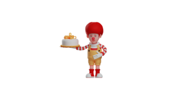 3d illustrazione. carino clown 3d cartone animato carattere. il clown frequenta un' compleanno festa. il clown è nel caricare di portando un' bella torta. clown con un' leggermente inchinato posa saluto. 3d cartone animato personaggio png