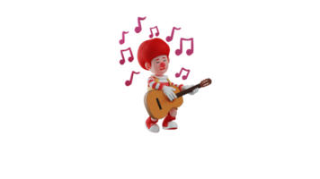 3D illustration. Talented clown 3D cartoon character. The clown plays the guitar to entertain the children. Clown playing music while singing. 3D cartoon character png