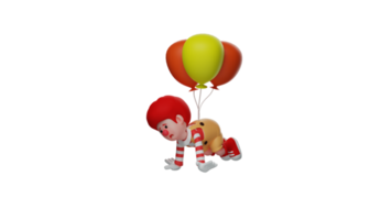 3D illustration. Sad clown 3D cartoon character. The clown is exhausted after entertaining many people. Clown on all fours and has a balloons on his back. 3D cartoon character png