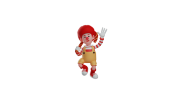 3D illustration. Adorable clown 3D cartoon character. A funny clown comes with a candy cane on his shoulder. Clown looks very happy. 3D cartoon character png