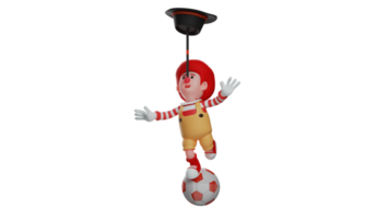 3D illustration. Amazing clown 3D cartoon character. Clown is doing his stunt. Clown stands on the ball with one foot. A quirky clown puts his hat and magic wand over his nose. 3D cartoon character png