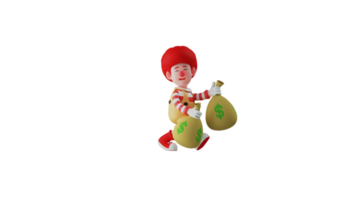 3D illustration. Successful clown 3D cartoon character. The clown brought two sacks containing the money he paid for. A rich clown walking around smiling happily. 3D cartoon character png