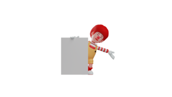 3D illustration. Clown 3D cartoon character. Clowns carry whiteboard in his show. Clown pointing at the board. The clown spreads his arms happily. 3D cartoon character png