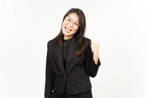 Yes and Celebration Gesture Of Beautiful Asian Woman Wearing Black Blazer Isolated On White photo