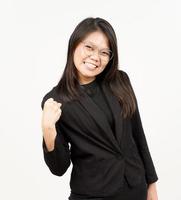 Yes and Celebration Gesture Of Beautiful Asian Woman Wearing Black Blazer Isolated On White photo